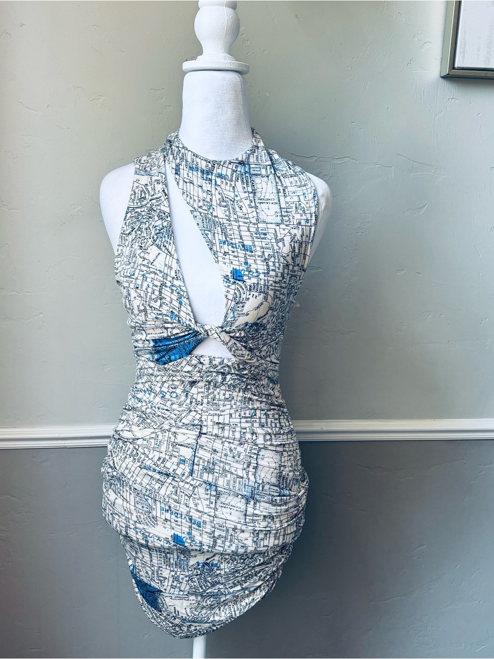 Urban Outfitters White and Blue Map-Print Dress